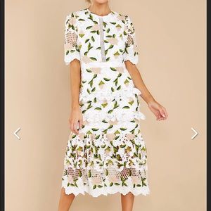 Red Dress Boutique All I Wanted Tan Floral Lace Midi Dress